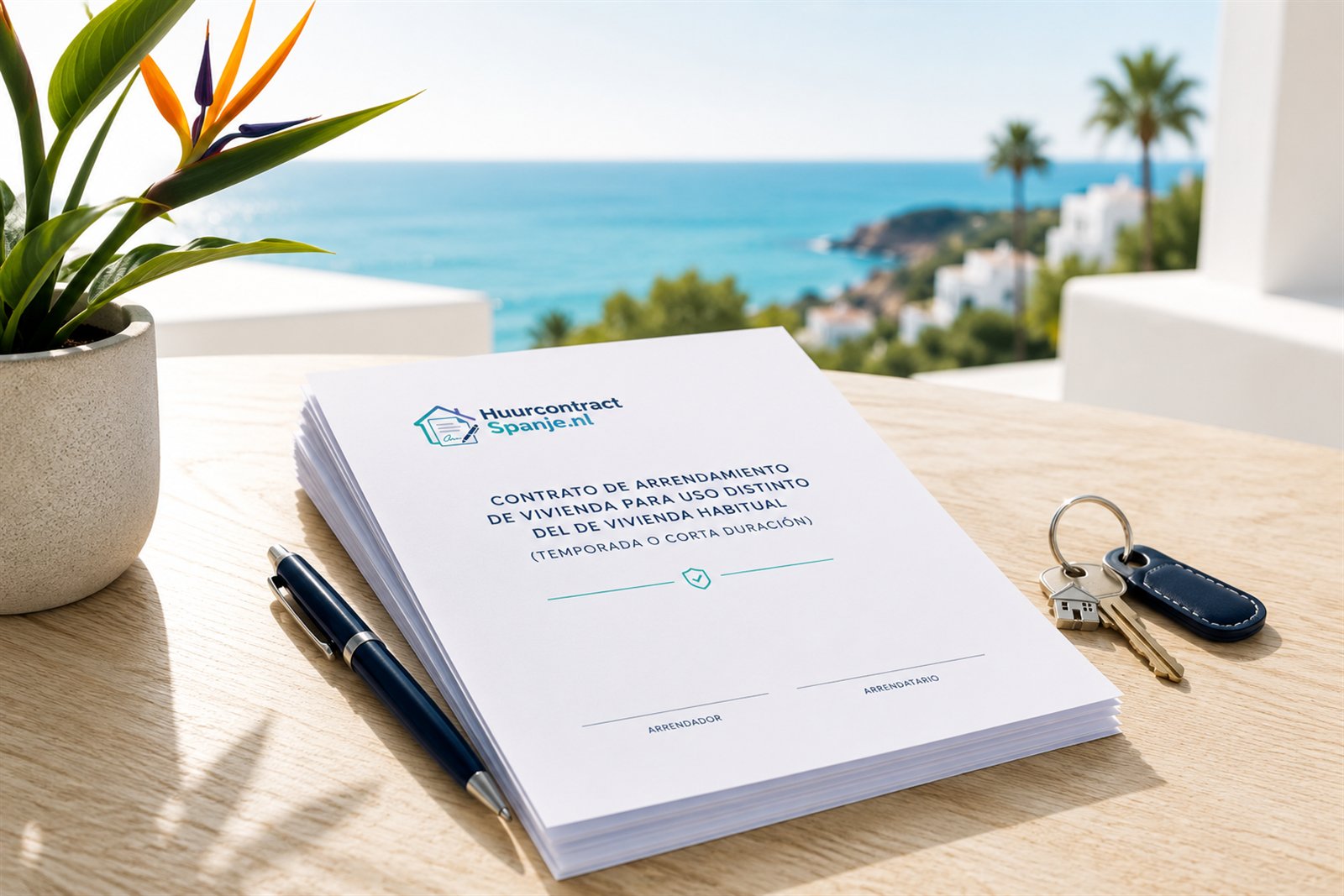 A Spanish rental contract from SpanishRentalContract.com on a table, with a pen and house keys and the Spanish coast in the background